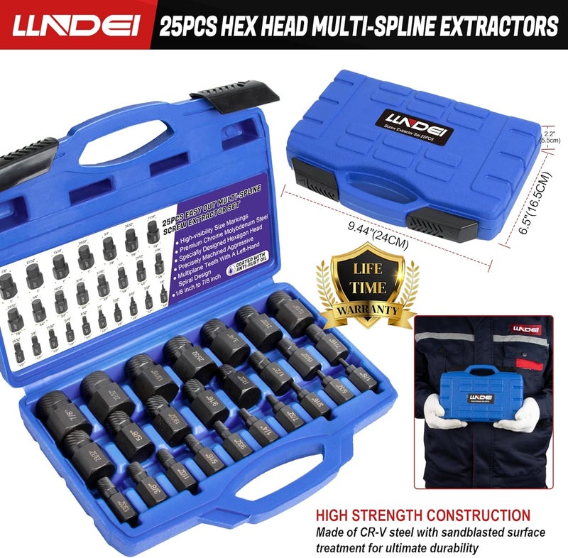 LLNDEI Screw Extractor Set Hex Head Multi-Spline Easy Out Bolt Extractor Set, EZ Out Rounded Screw Remover, 1/8 Inch to 7/8 Inch in 1/32-Inch Increments, CR-MO, 25 Pieces, Stripped Fastener Tool - Image 2
